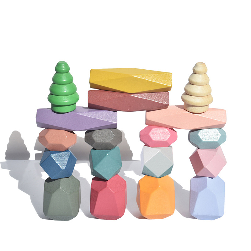 Wooden Blocks Stacking - 18-delige houten stapelrotsen bouwstenen, gekleurde massief