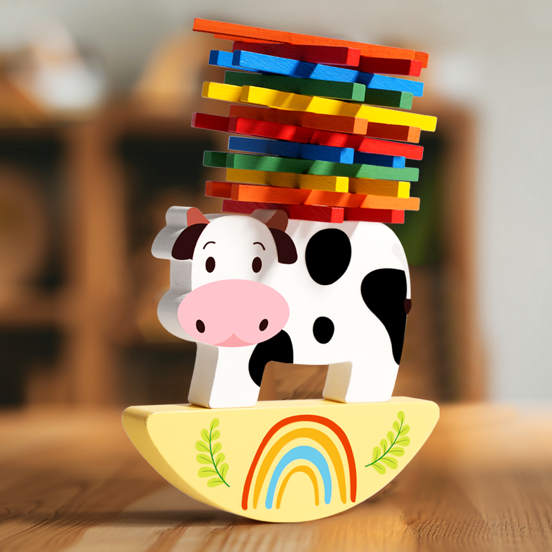 Wooden Blocks Stacking - Houten Dieren Stapelblok Spel Koe Stapelen
