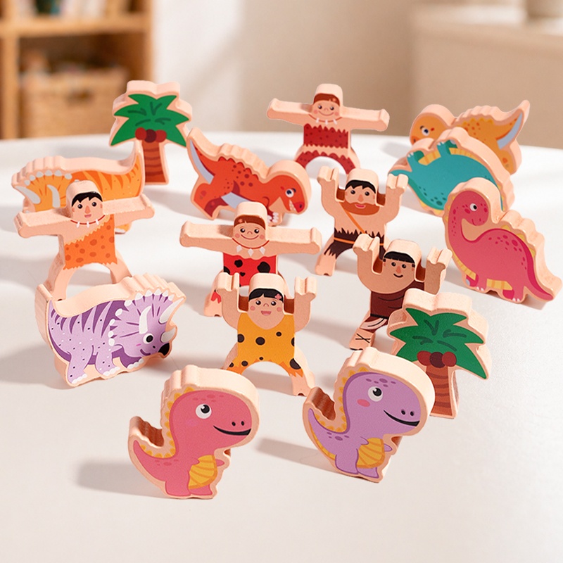 Wooden Blocks Stacking - Primitieve dinosaurusbalansstapelblokken, houten educatief speelgoed, puzzelspel