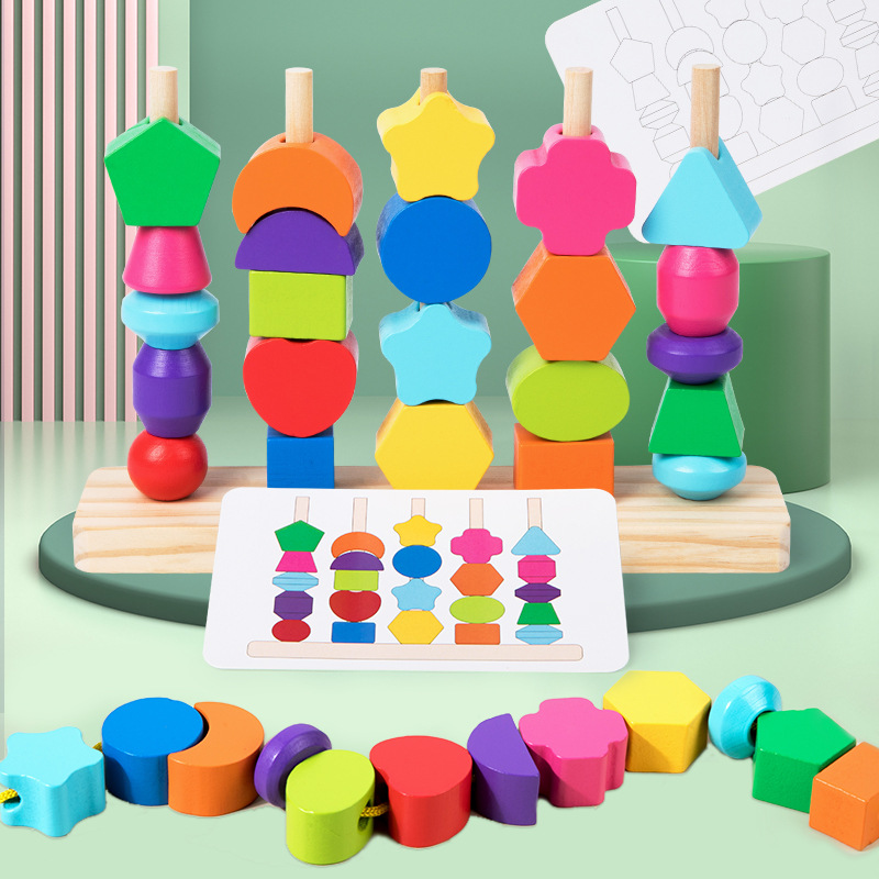 Wooden Blocks Stacking - Montessori houten kralen sequencing speelgoedset, vijf